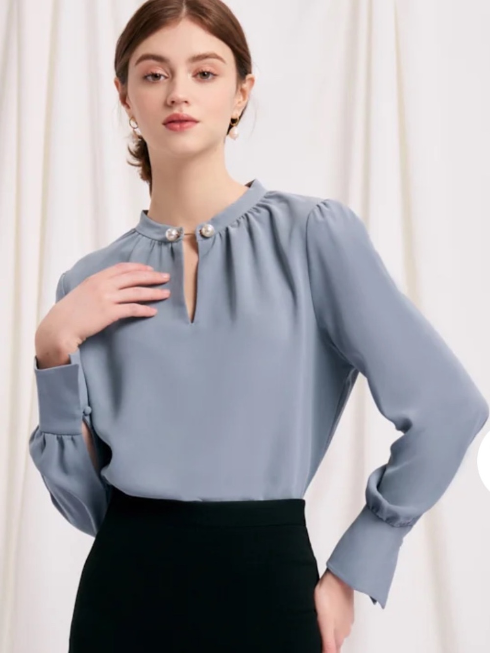 Petite Studio Dusty Blue Pearl-Accent Blouse